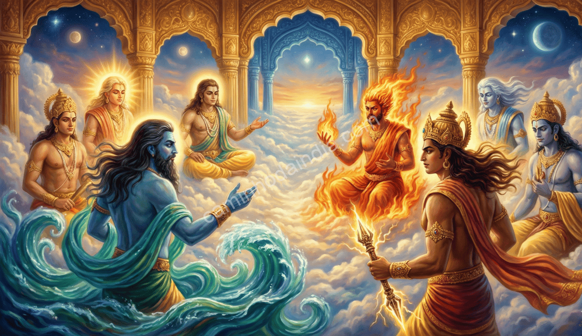 agni-e-varuna-discutindo-como-conter-poder-de-hiranyaksha Agni e Varuna conversam preocupados sobre o poder cada vez maior de Hiranyaksha, debatendo quais medidas devem tomar para impedir sua ascensão descontrolada