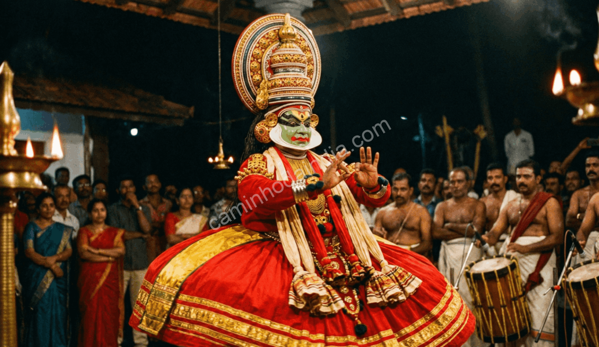 artista-kathakali-apresentacao-onam-templo Artista de Kathakali realizando uma apresentação tradicional durante o festival de Onam em um templo de Kerala