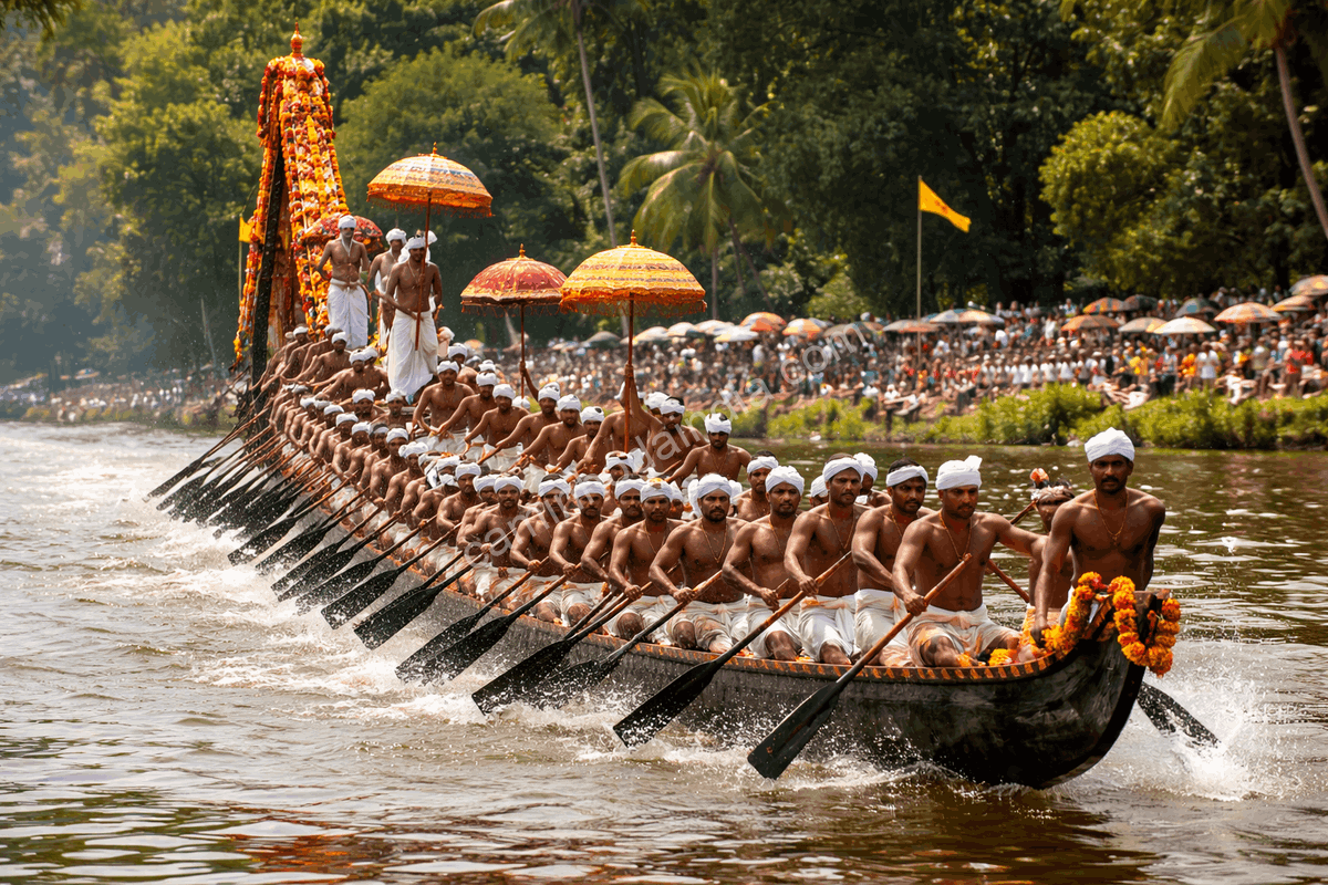 Barco tradicional desliza pelas águas durante a Vallamkali