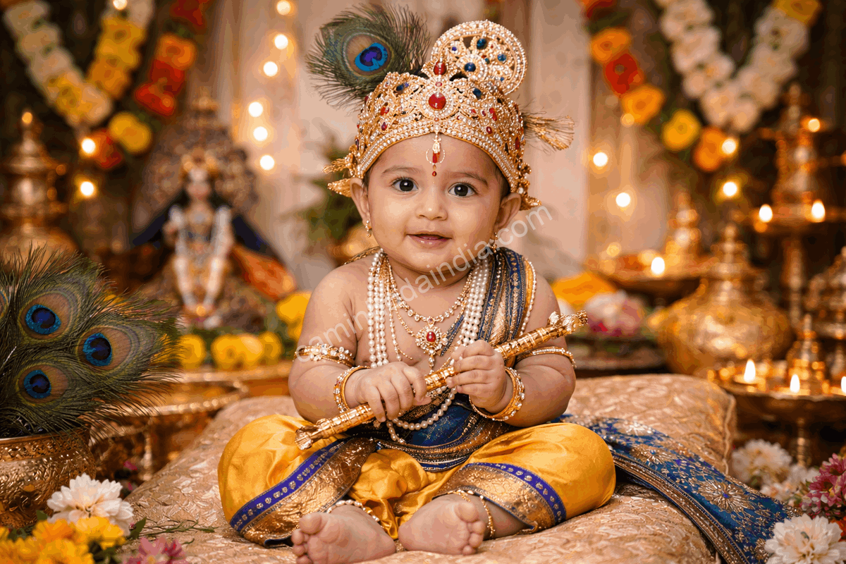 Bebê vestido como Krishna durante o Janmashtami, representando devoção, ternura e a alegria da celebração do nascimento de Krishna