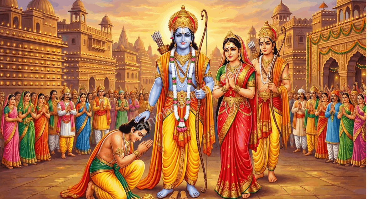 Bharata se inclina em reverência diante de Rama, Sita e Lakshmana após o retorno a Ayodhya ao fim do exílio