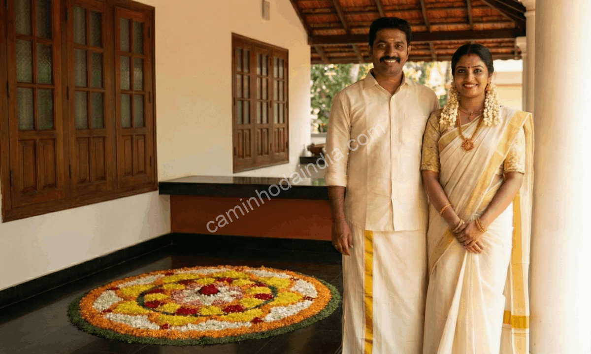 casal-keralita-onam-kasavu-saree-mundu Casal keralita vestido com trajes tradicionais de Onam — kasavu saree e mundu