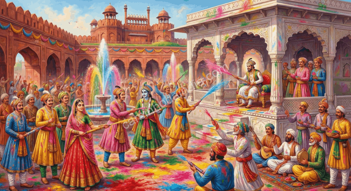 celebracao-de-holi-no-forte-vermelho-era-mogol Celebração de Holi no Forte Vermelho de Delhi durante a era mogol, com a corte imperial participando do festival das cores