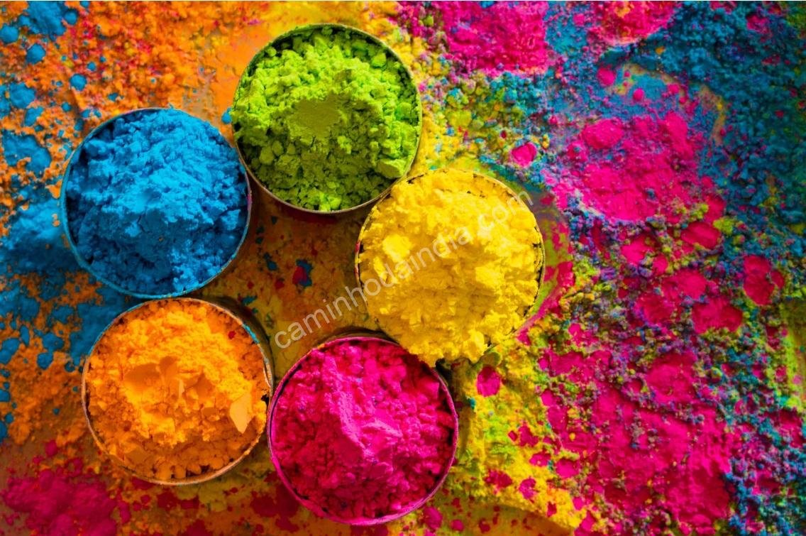 ó colorido de Holi organizado no chão para a celebração