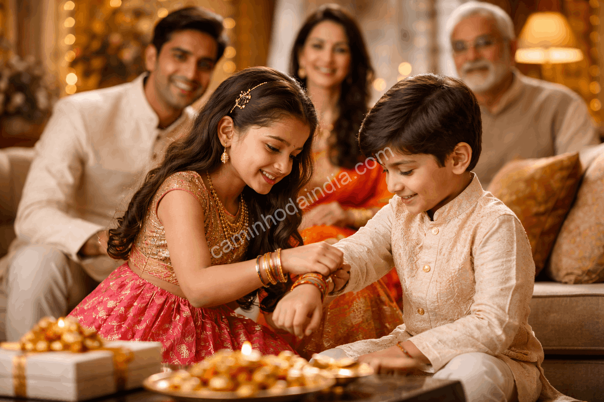 Uma criança amarra um rakhi no pulso do irmão, aprendendo desde cedo o ritual do Raksha Bandhan em uma família indiana