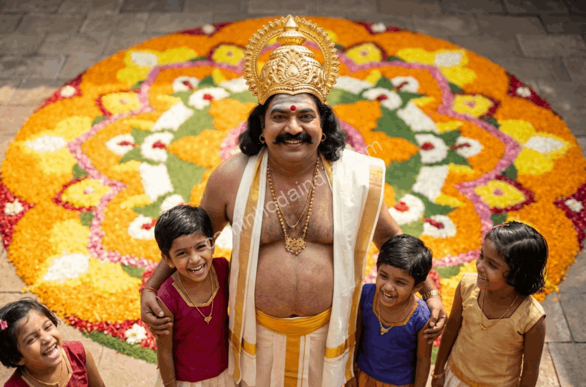 Crianças posam ao lado de um homem vestido como o rei Mahabali durante as celebrações de Onam
