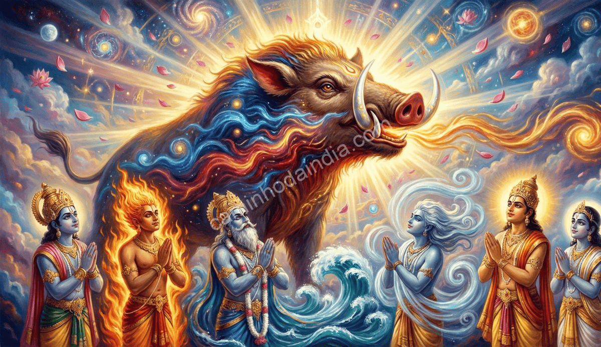 deuses-admirando-e-orando-a-varaha Vishnu Varaha Hiranyaksha
