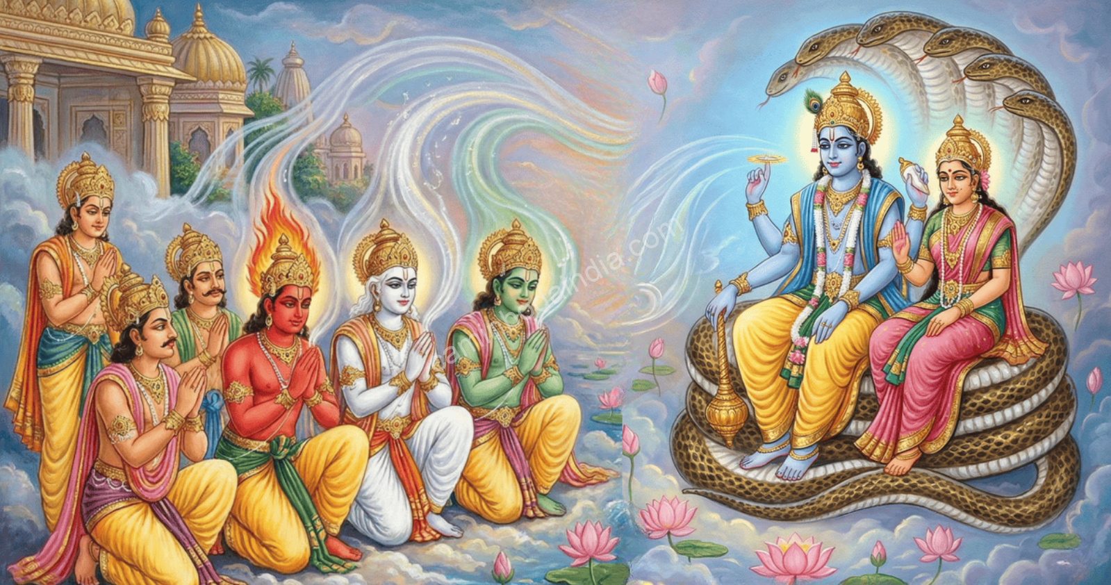 deuses-persuadindo-vishnu-deter-mahabali Os deuses procuram Vishnu e o persuadem a intervir para conter Mahabali, cuja crescente influência começa a preocupar os mundos celestiais