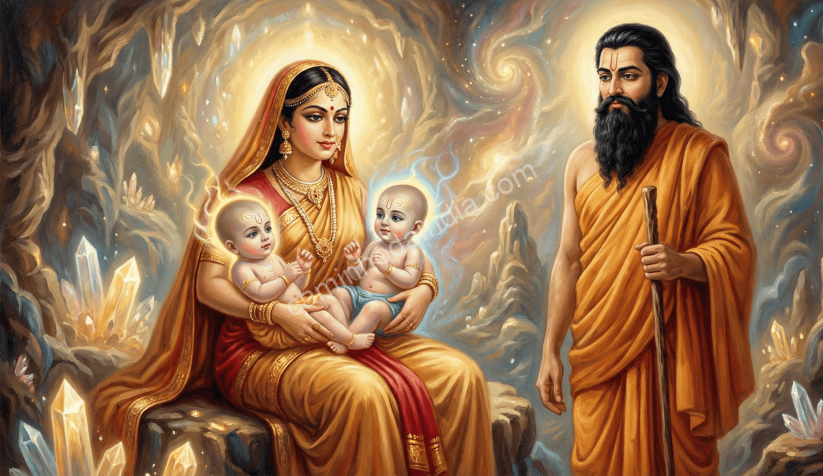 diti-sabio-kashyapa-com-gemeos-hiranyaksha-hiranyakashipu Diti e o sábio Kashyapa com seus recém-nascidos gêmeos Hiranyaksha e Hiranyakashipu