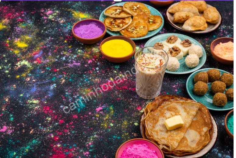 Bandeja com variados doces típicos servidos durante o festival Holi