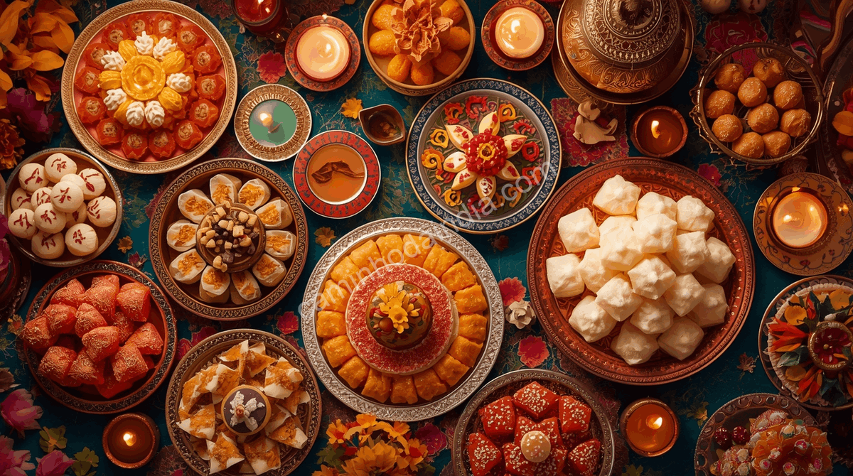 doces-tradicionais-diwali-compartilhados-familia-amigos Diferentes variedades de doces tradicionais são compartilhadas entre amigos e famílias durante as celebrações de Diwali