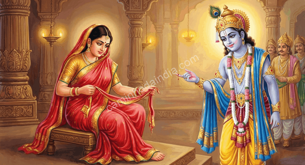 Draupadi rasga um pedaço de seu sari para estancar o sangramento no dedo de Krishna, em um gesto espontâneo de compaixão e devoção