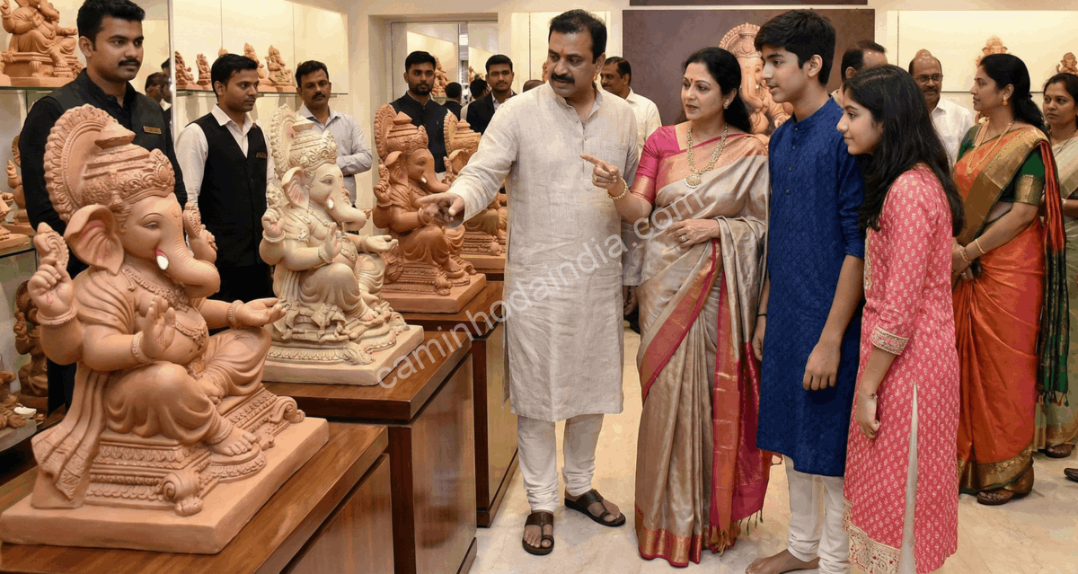 Família escolhendo o ídolo de Ganesha antes do início do festival de Ganesh Chaturthi