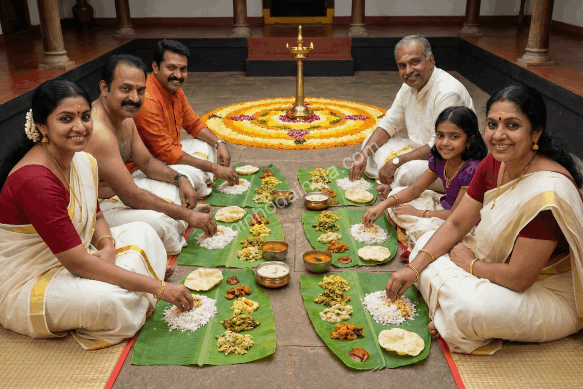 Família keralita sentada no chão compartilhando a refeição tradicional sadya durante o festival de Onam