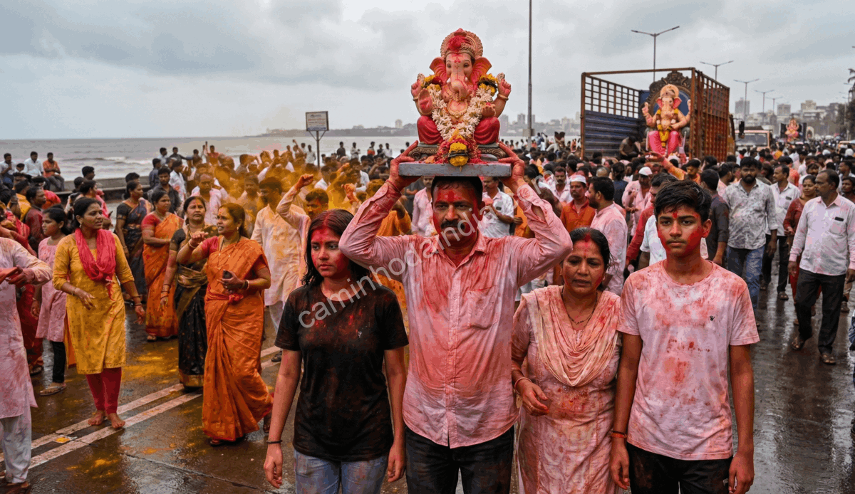 Família levando o ídolo de Ganpati para o ritual de Visarjan