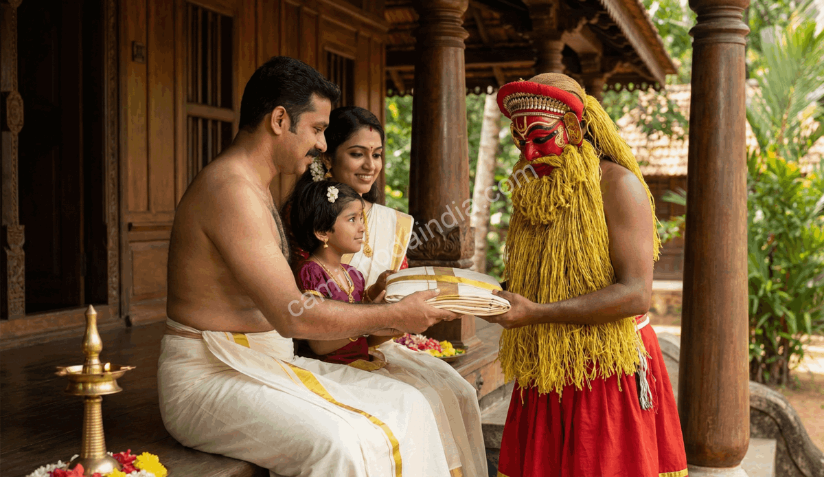 familia-oferecendo-roupas-ao-onapottan-onam Família oferece roupas ao Onapottan como gesto de boa vontade durante as celebrações de Onam
