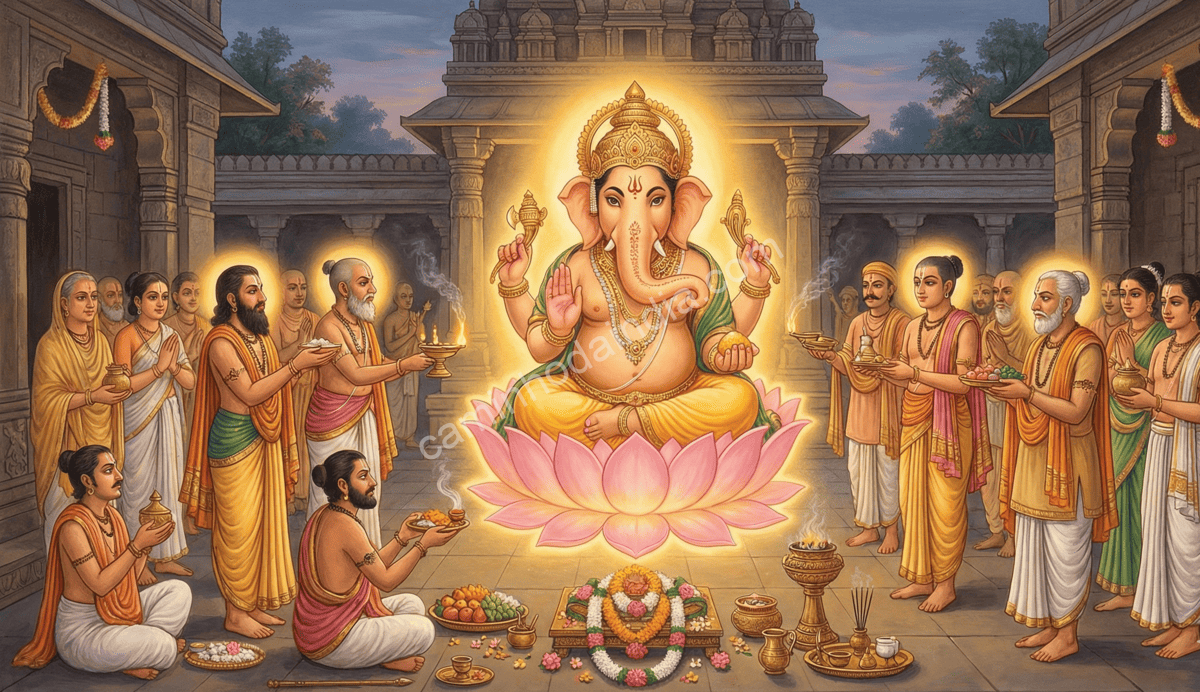 Ilustração representando a invocação de Ganesha antes de qualquer ritual auspicioso