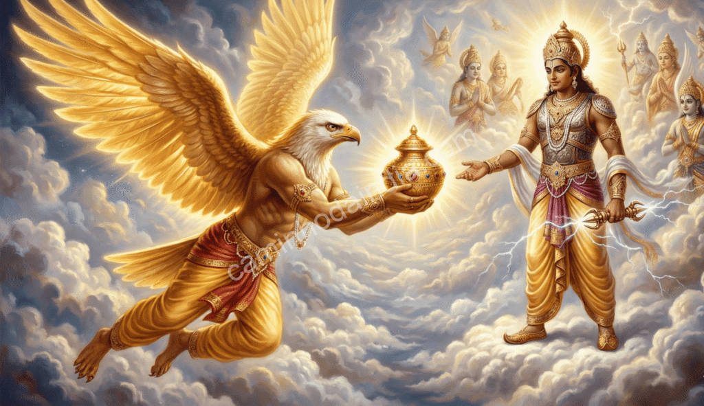 garuda-devolvendo-amruta-a-indra-apos-libertar-vinata Garuda devolvendo o pote de amruta a Indra depois de libertar sua mãe Vinata