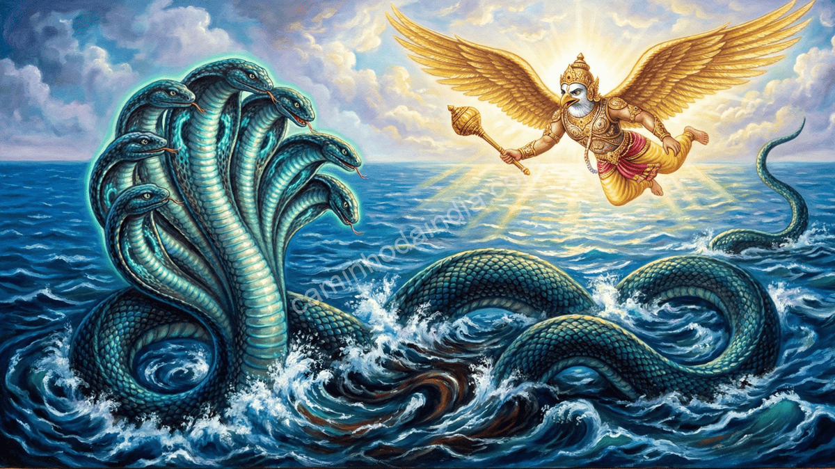 garuda-forcando-kaliya-do-oceano Garuda, com seu poder imponente, obriga a serpente Kaliya a abandonar o oceano