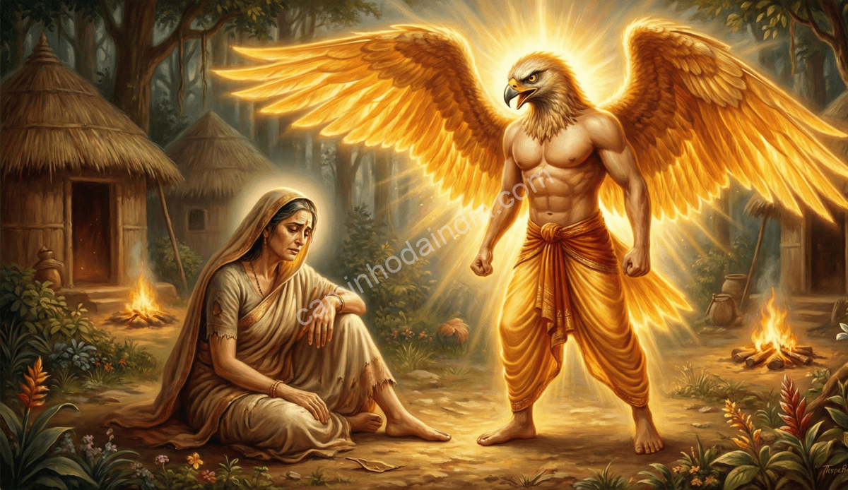garuda-prometendo-libertar-sua-mae-vinata Garuda promete à sua mãe Vinata que fará tudo para libertá-la de sua escravidão, gesto que marca sua coragem e devoção filial nas antigas narrativas indianas