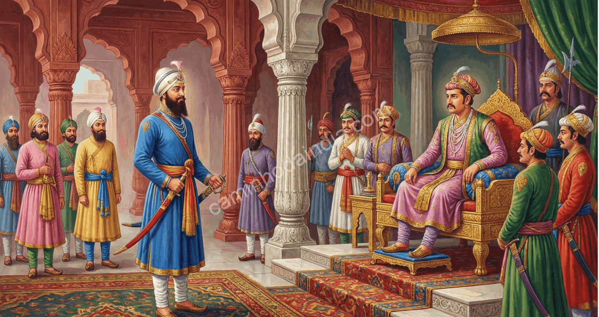 guru-hargobind-confronta-jahangir-bandi-chor-divas Guru Hargobind Sahib confronta o imperador Jahangir na corte mogol e exige a libertação dos príncipes hindus presos