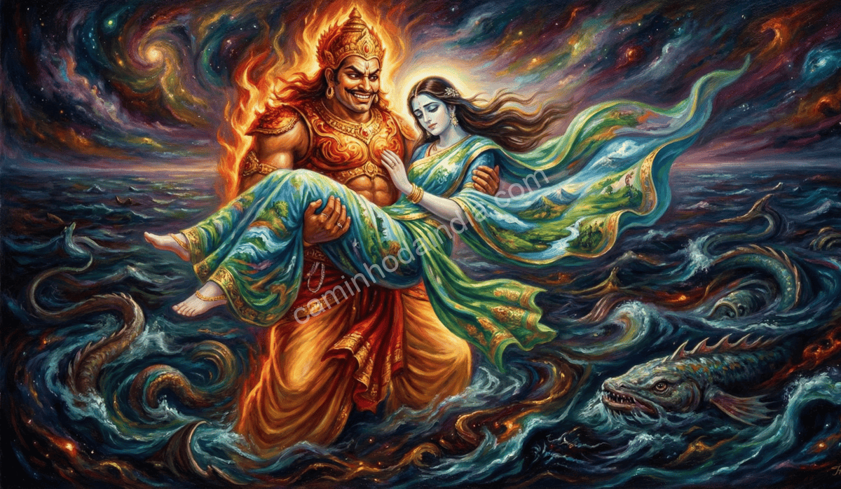 hiranyaksha-sequestrando-bhumidevi-para-o-oceano-cosmico Hiranyaksha sequestrando Bhumidevi, a deusa da Terra, e levando-a ao oceano cósmico