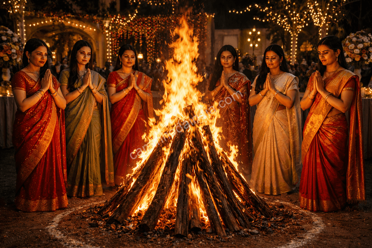 Cena de Holika Dahan em um filme de Bollywood, mostrando uma grande fogueira ritual com pessoas reunidas em oração