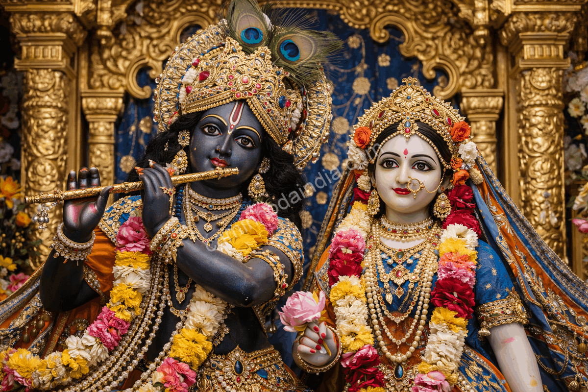 Ídolos de Krishna e Radha em um templo, ricamente adornados com vestes coloridas, joias e guirlandas florais durante o darshan