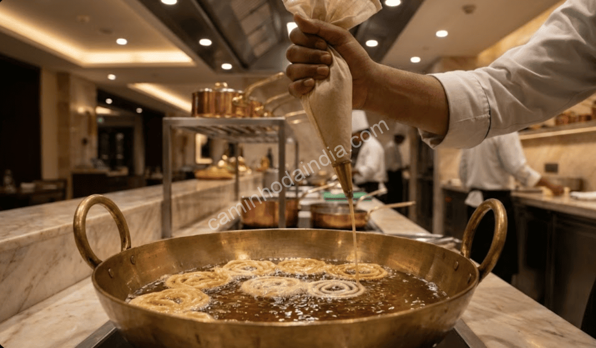 Formação das espirais de jalebi sendo desenhadas no óleo quente