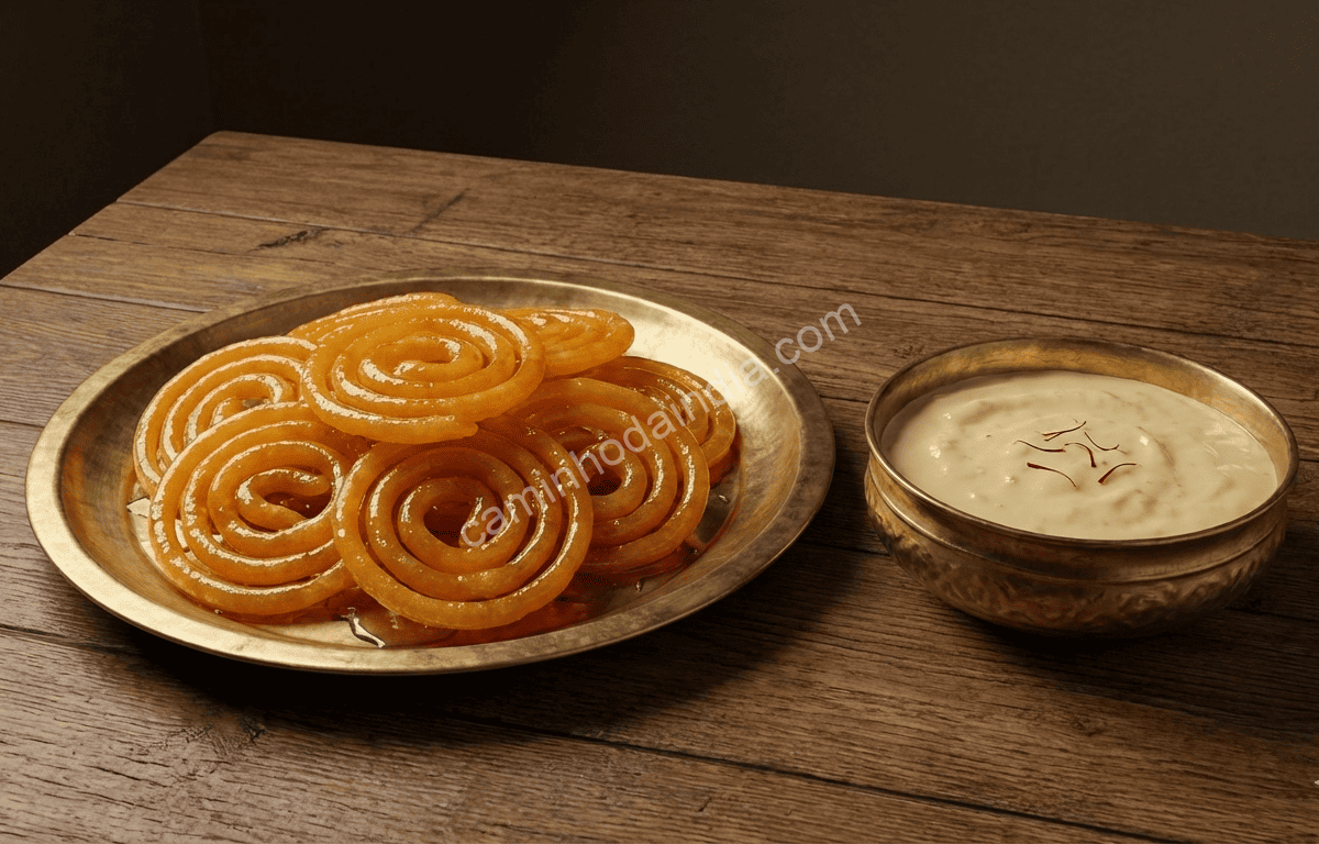 Jalebi servido com rabri, sobremesa tradicional cremosa à base de leite
