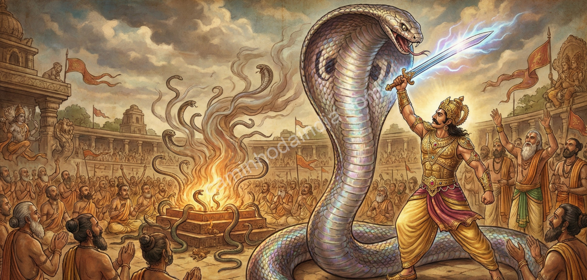 Janamejaya matando cobras durante o ritual Sarpa Satra