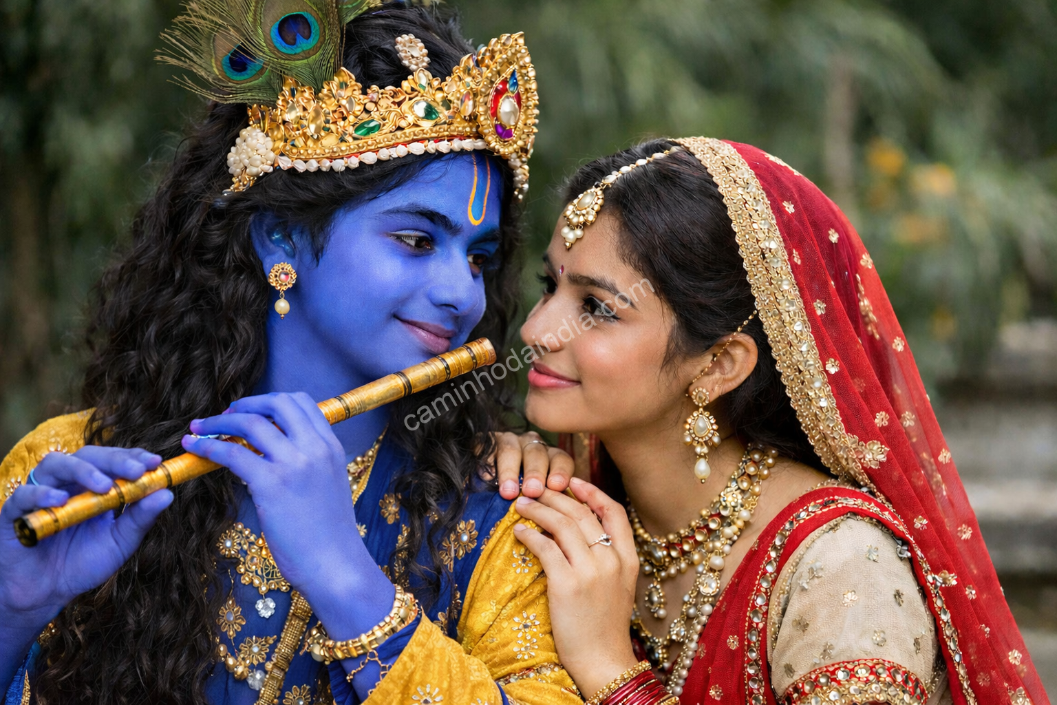 Encenação devocional com adolescentes representando Krishna e Radha, caracterizando uma Jhanki com trajes tradicionais e gestos simbólicos