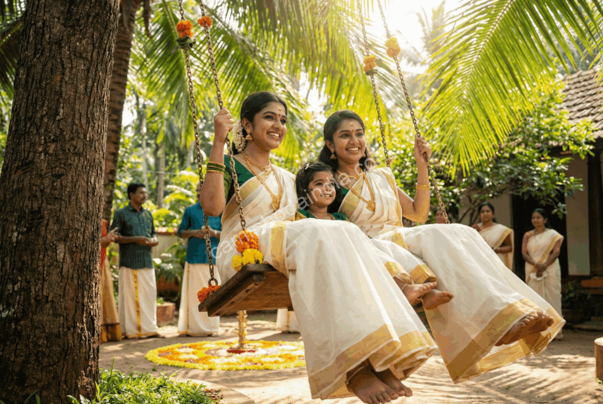 jovens-mulheres-brincando-no-balanco-onam Jovens mulheres brincam em um balanço tradicional durante as celebrações de Onam em Kerala