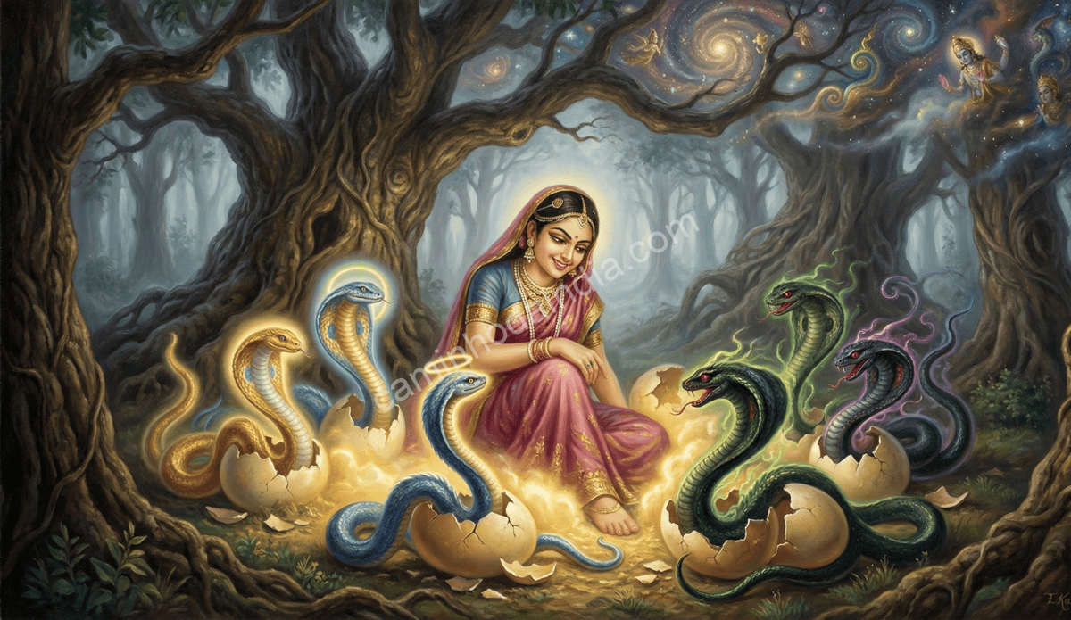 kadru-feliz-vendo-nagas-emergirem-dos-ovos adru observando feliz enquanto os nagas saem de seus ovos