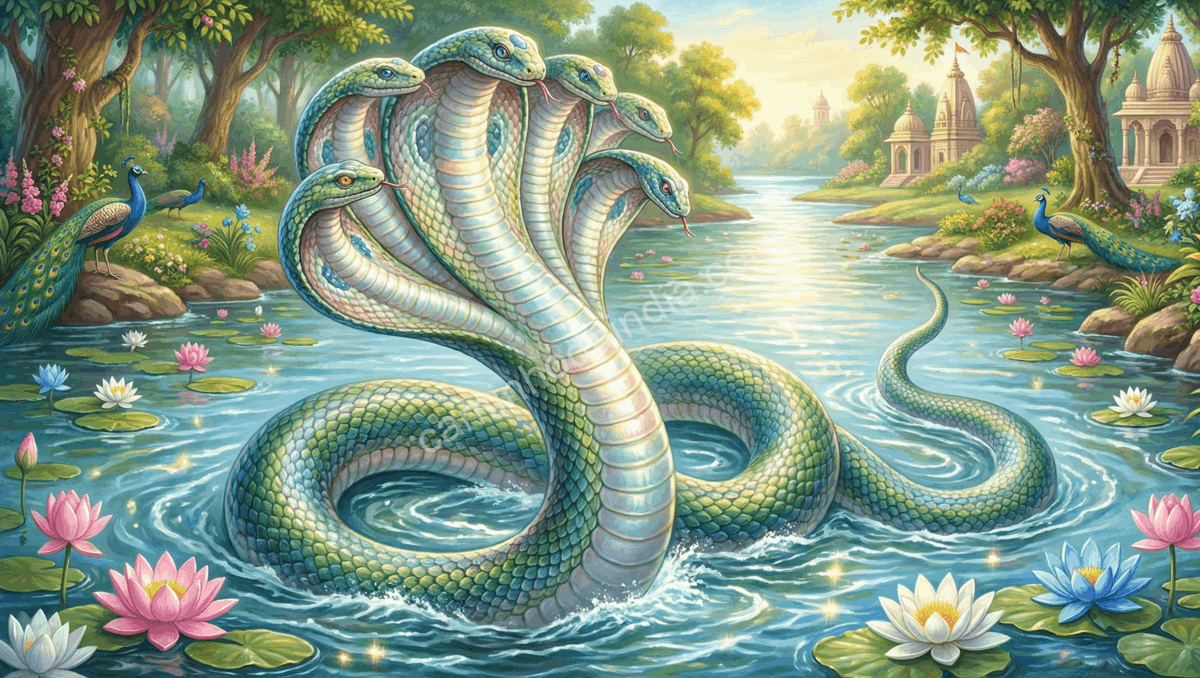 kaliya-entrando-no-rio-yamuna-serpente Kaliya entrando no rio Yamuna, a serpente venenosa associada às águas escuras do rio