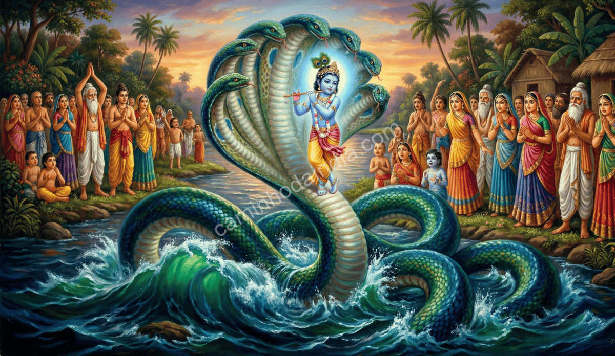 kaliya-reconhecendo-o-poder-divino-de-krishna Kaliya reconhecendo o poder de Krishna enquanto os aldeões observam admirados