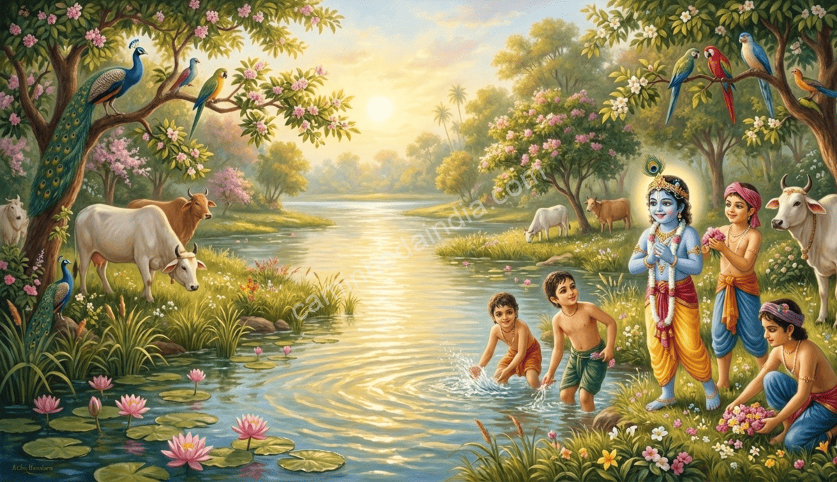 krishna-brincando-com-amigos-na-margem-do-rio-yamuna Kaliya Mardan Krishna Vrindavan