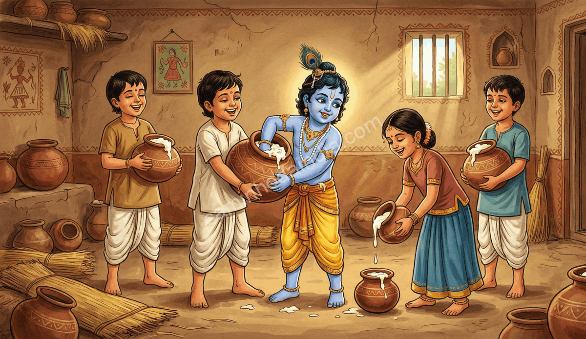 krishna-crianca-roubando-manteiga-vrindavan-amigos Em Vrindavan, Krishna criança rouba manteiga junto com seus amigos, em uma cena que simboliza alegria, inocência e o vínculo afetuoso entre o divino e a vida simples da aldeia