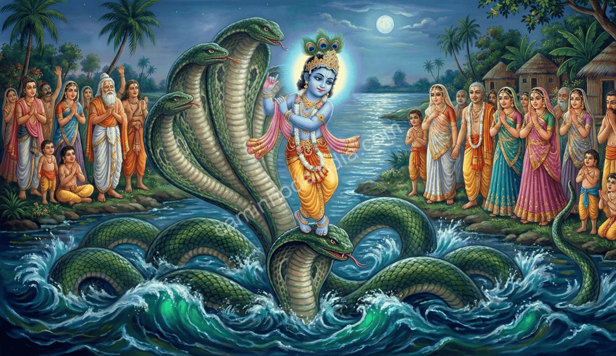 krishna-dancando-sobre-as-cabecas-de-kaliya Pequeno Krishna dançando sobre a serpente Kaliya nas águas do rio Yamuna, subjugando o veneno com graça e serenidade