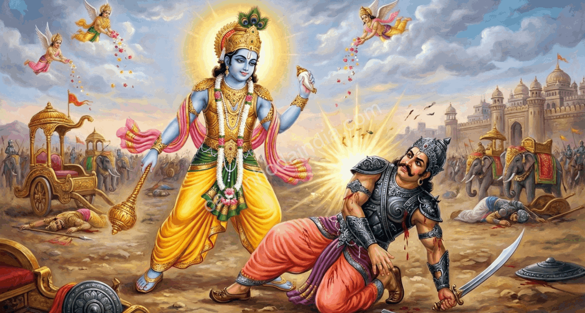 krishna-derrota-narakasura-diwali Krishna derrota Narakasura em batalha, um episódio associado à celebração de Diwali e à vitória do bem sobre o mal