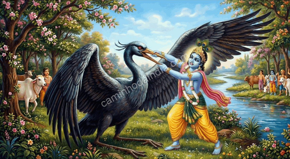 krishna-derrotando-demonio-bakasura-forma-de-garca Krishna vence o demônio Bakasura, que havia assumido a forma de uma garça, restaurando a paz e protegendo os habitantes de Vrindavan