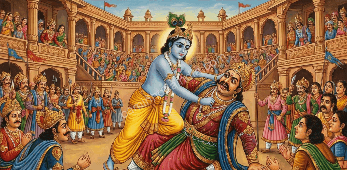krishna-derrotando-kamsa-mathura-fim-da-tirania Krishna derrotando Kamsa na arena de Mathura, pondo fim ao governo tirânico que causou sofrimento ao povo