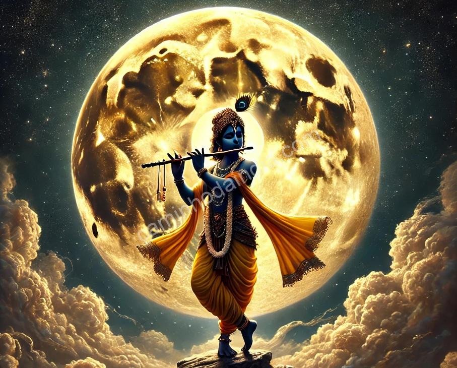 Krishna em trajes divinos, tocando flauta enquanto a lua cheia ilumina a noite