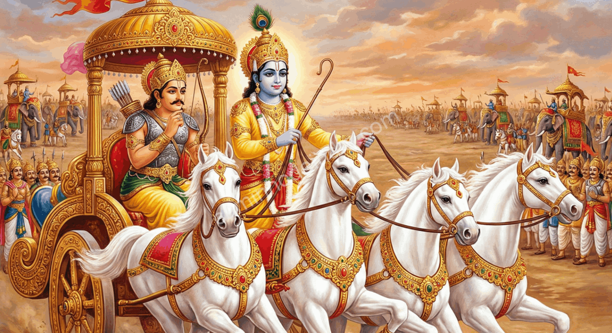 Krishna orientando Arjuna como mentor e cocheiro no campo de batalha de Kurukshetra, transmitindo ensinamentos espirituais que deram origem ao Bhagavad Gita