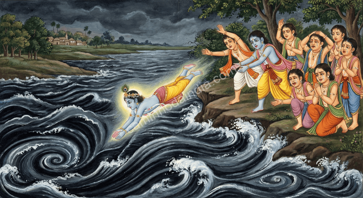 krishna-pulando-no-yamuna-amigos-em-choque Krishna pulando nas águas do rio Yamuna enquanto seus amigos assistem em choque