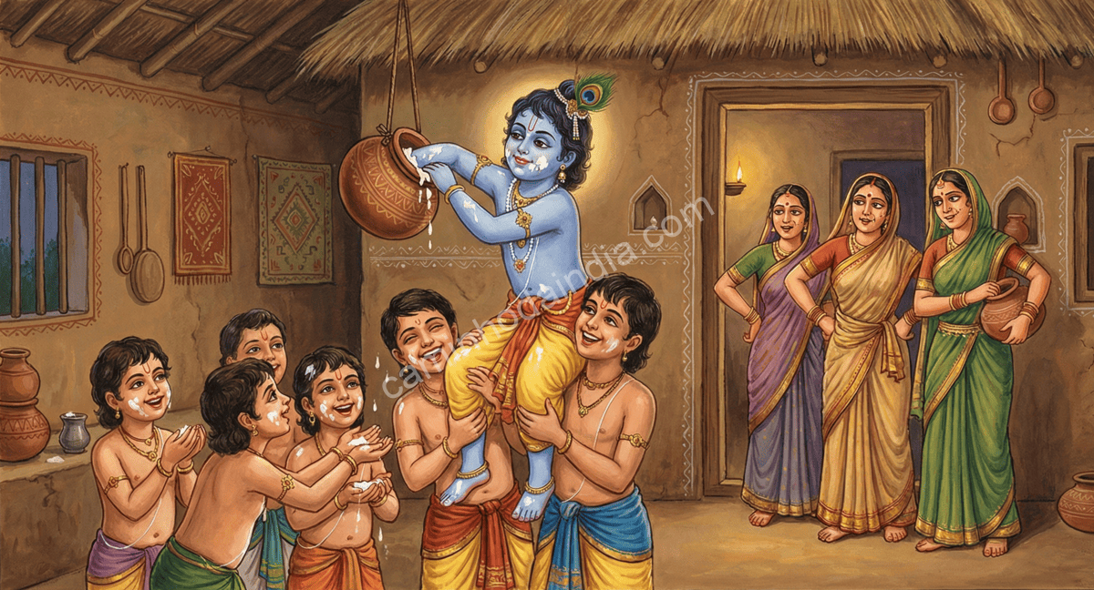 krishna-roubando-manteiga-com-amigos-gopis-observando Krishna roubando manteiga com seus amigos enquanto as gopis observam