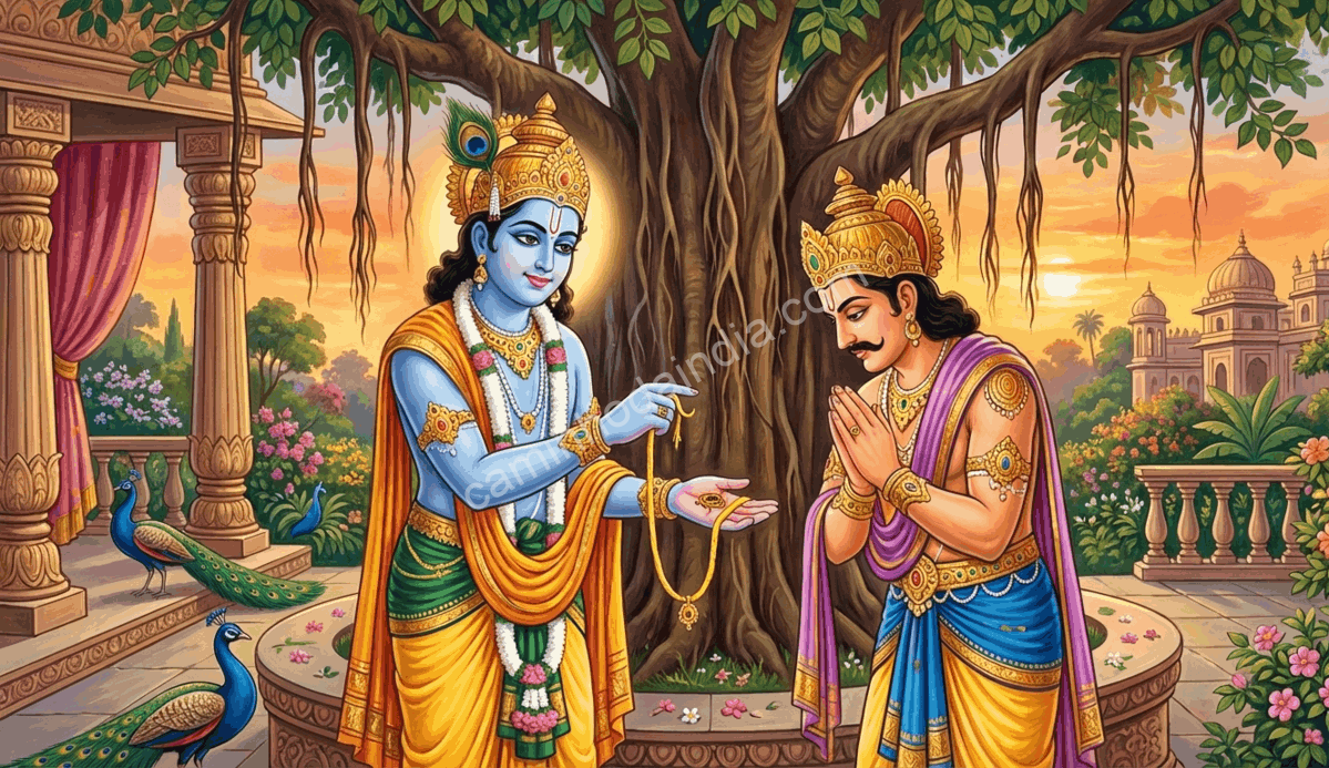 krishna-yudhishthira-simbolo-raksha-sutra-dharma Krishna orienta Yudhishthira em um momento de reflexão moral, simbolizando proteção, dever e confiança no dharma antes de desafios decisivos