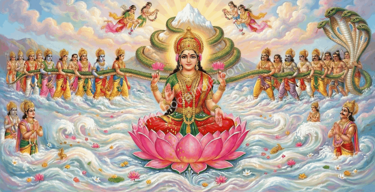 lakshmi-emerge-samudra-manthan-oceano-cosmico Lakshmi surge do oceano durante o Samudra Manthana, sentada sobre um lótus, simbolizando prosperidade, ordem e harmonia que emergem do caos cósmico