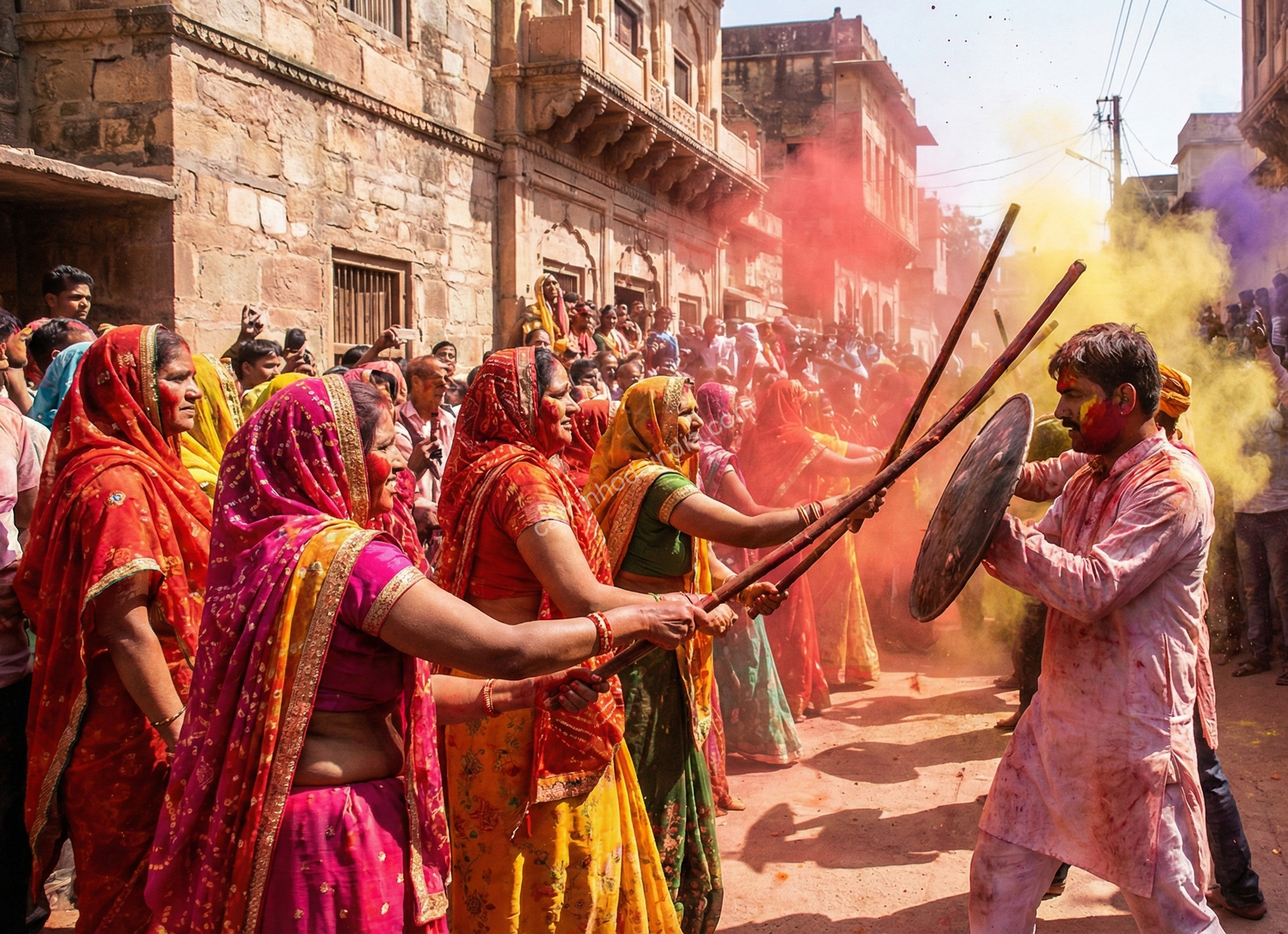 Mulheres celebram a Lathmar Holi no norte da Índia, atingindo simbolicamente os homens com bastões durante a festa tradicional