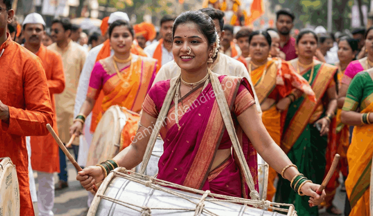 mulher-tocando-dhol-procissao-ganesh-chaturthi Mulher tocando dhol durante a procissão do Ganesh Chaturthi